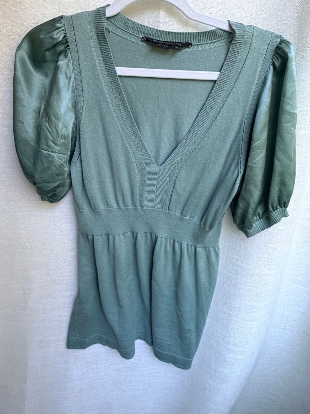 BCBGMAXAZRIA Sage Silk Cotton Puff Sleeve Babydoll V Neck Top S